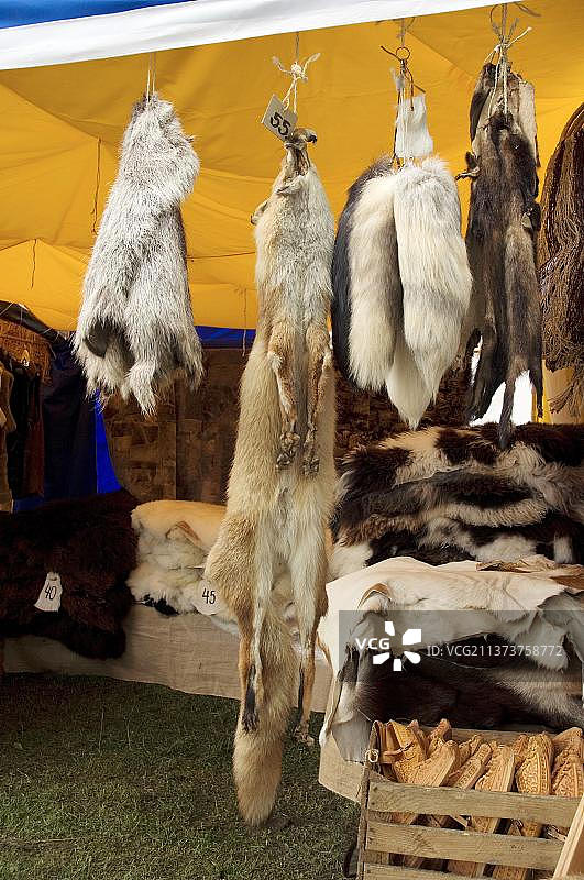 出售动物皮毛的市场摊位，狐狸皮，毛皮，德国图片素材