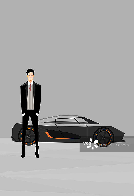高端商务汽车插画，汽车展厅，跑车，西装男士与汽车，男士西装正面站姿图片素材