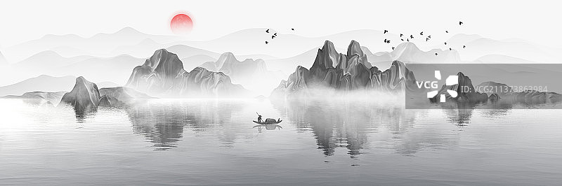 新中式抽象水墨山水画黑白背景图图片素材