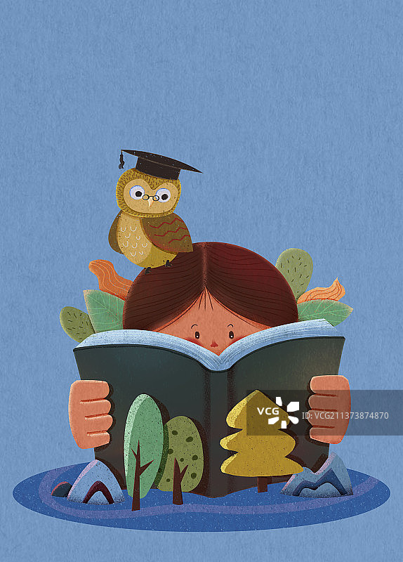 小孩和猫头鹰博士看书插画图片素材