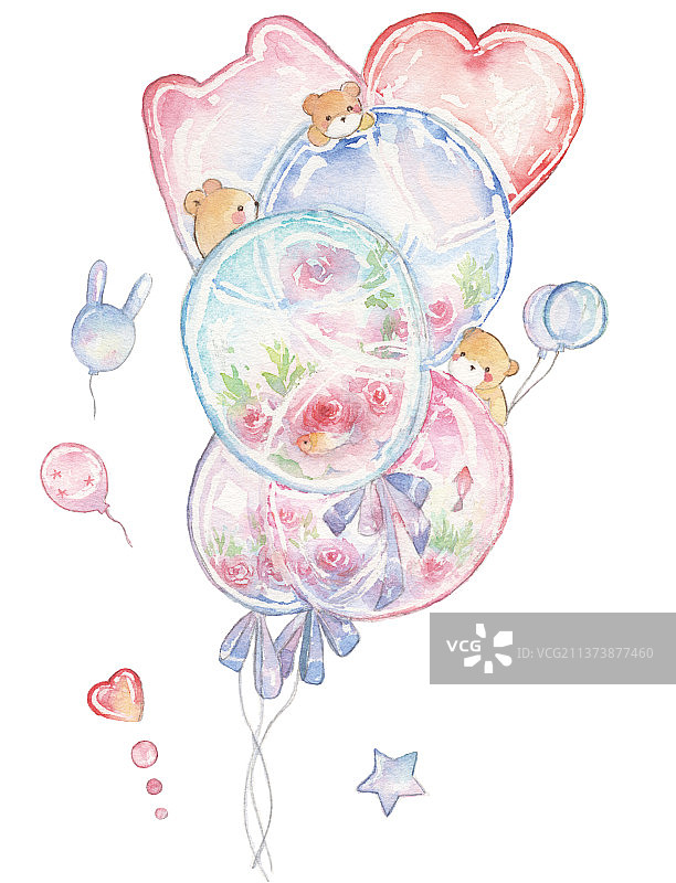 水彩手绘插画小熊鲜花气球图片素材