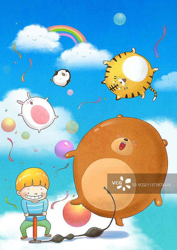 男孩用打气筒给动物气球打气的插画图片素材