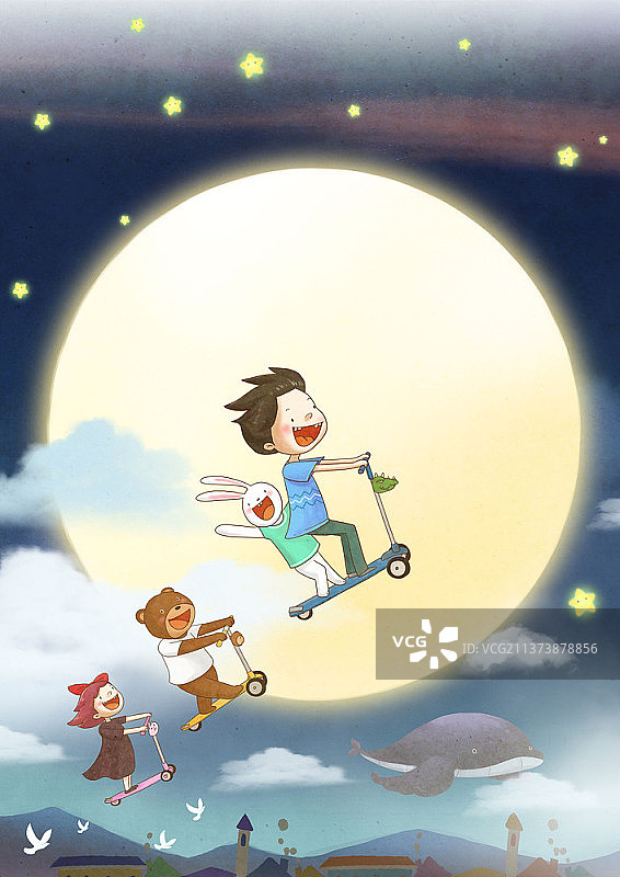 儿童和动物骑滑板车在满月夜空飞翔插画图片素材