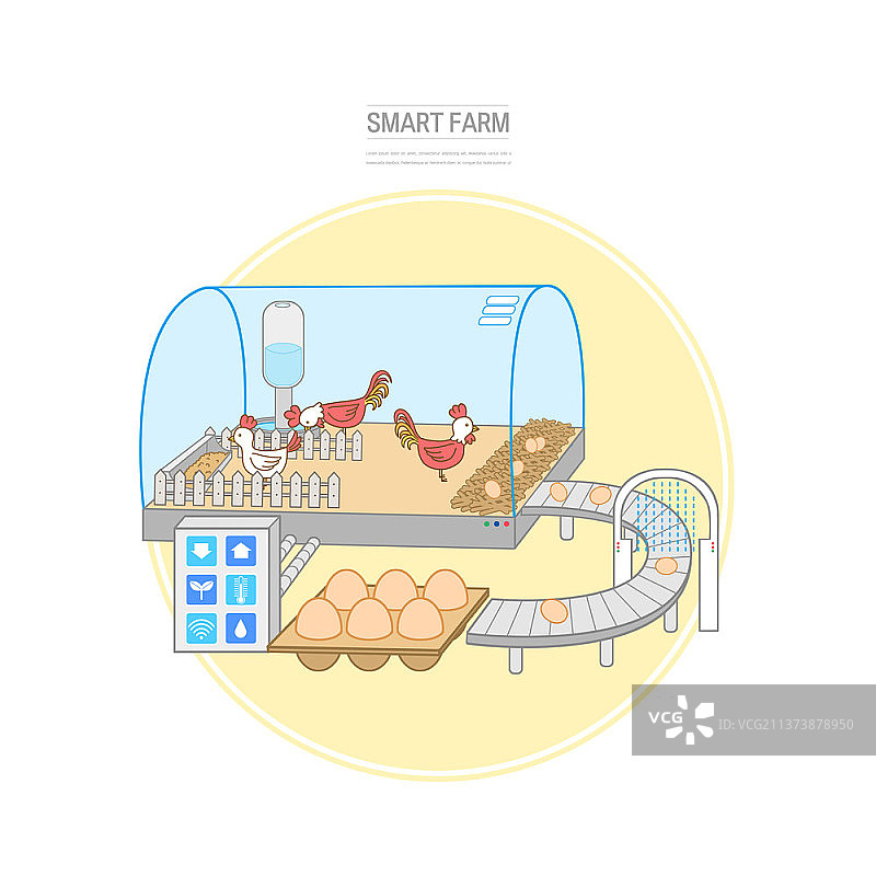 带鸡和传送带鸡蛋的智能农场插画图片素材