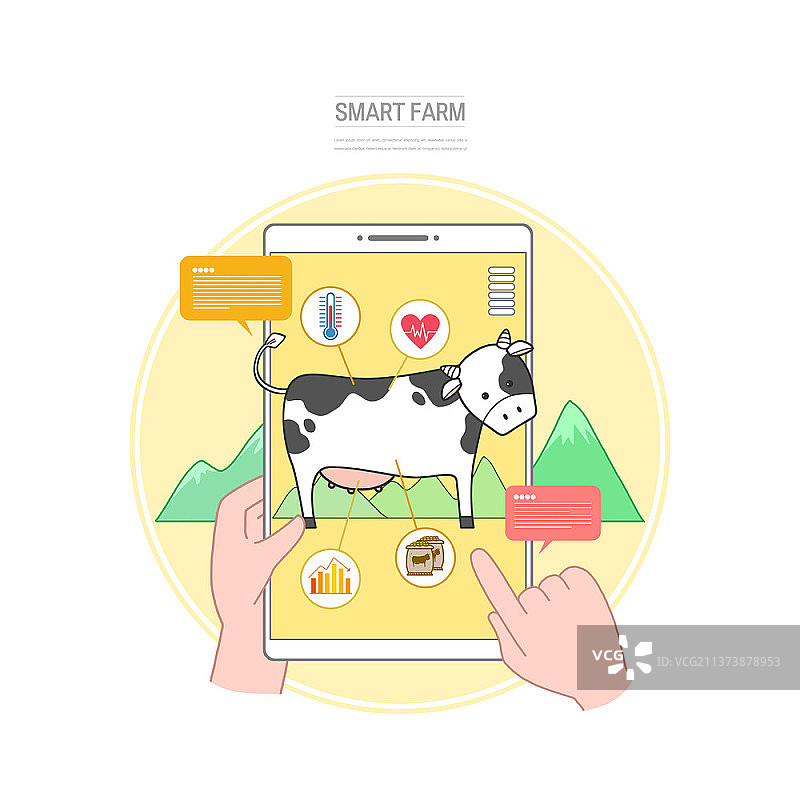 用平板电脑照顾牛的智能农场插图图片素材