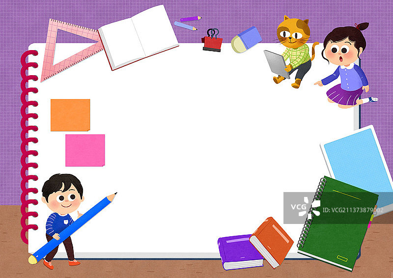 螺旋笔记本上学生和猫的插画图片素材