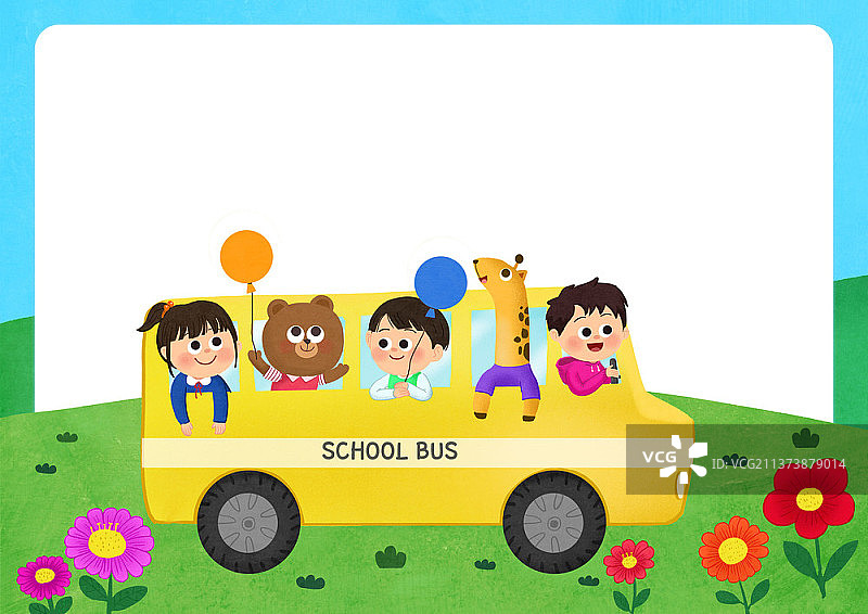 校车上的儿童与动物插画图片素材