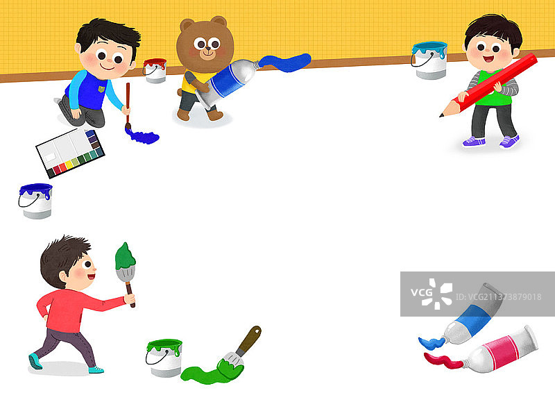 儿童与熊画框边绘画插画图片素材