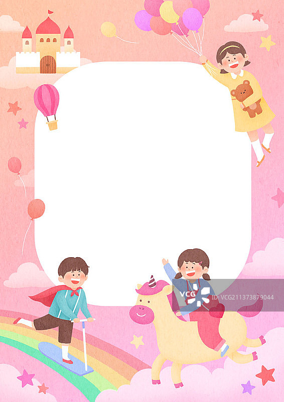骑滑板车独角兽拿气球的儿童插画图片素材