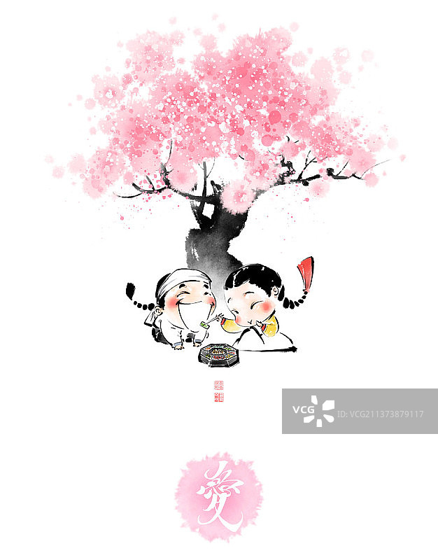水墨画：身着韩服的男女在樱花树下享用午餐图片素材