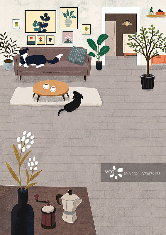 两只狗坐在客厅沙发和地上的插画图片素材