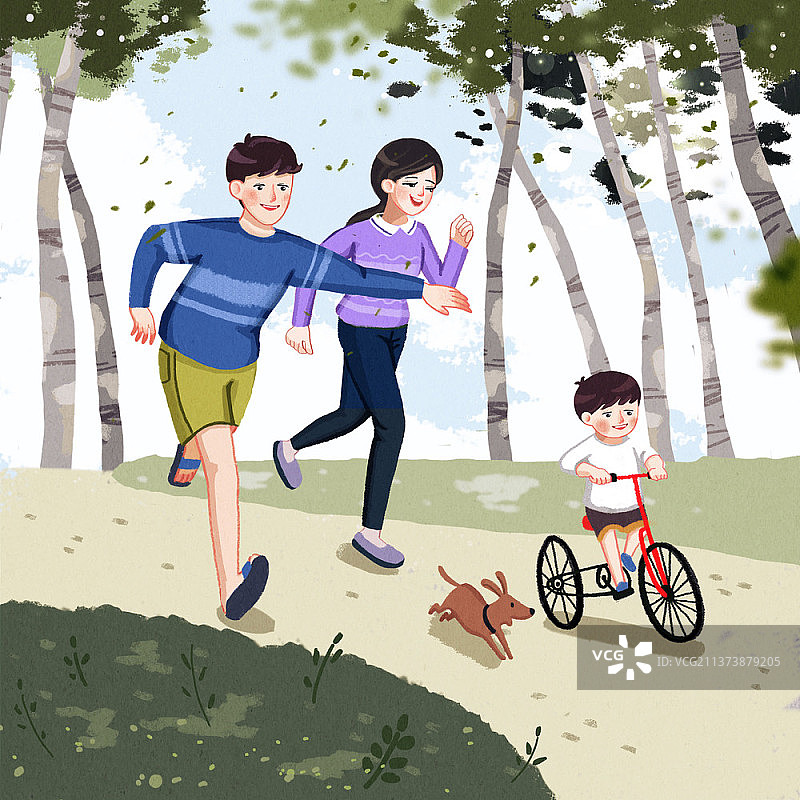一家人带小狗在公园骑自行车和跑步的插图图片素材