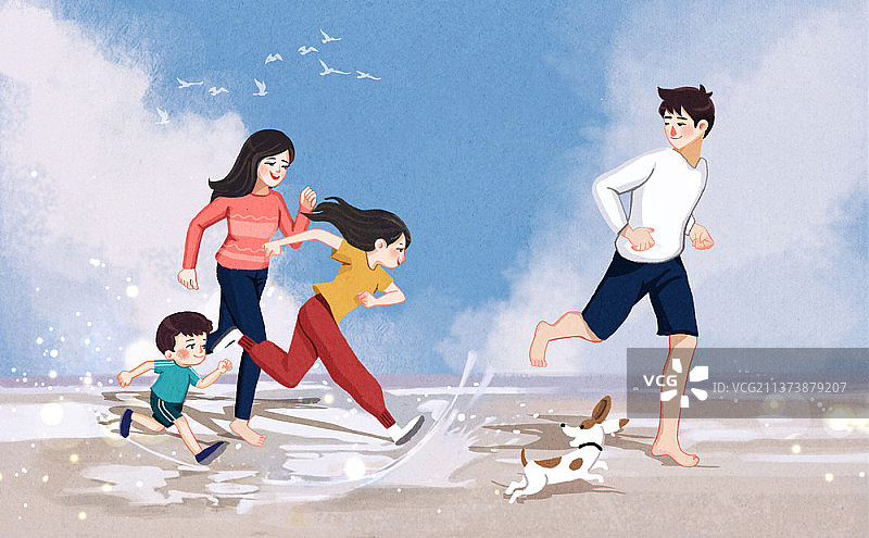 一家人在海滩上和小狗奔跑图片素材