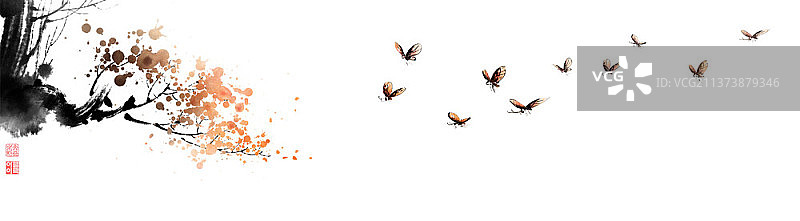 水墨风树木蝴蝶绘画图片素材