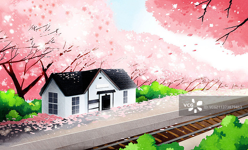 春季樱花铁路轨道插画图片素材
