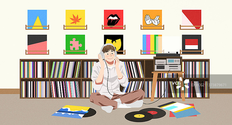 男人戴着耳机听音乐，坐在唱片和唱机前插画图片素材