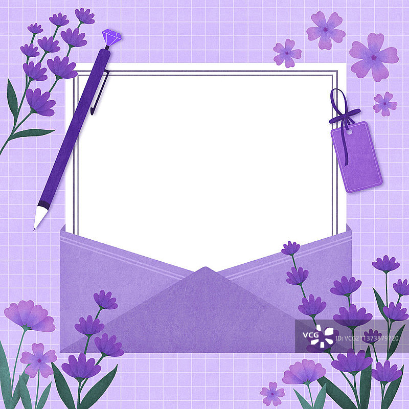 紫色背景上的钢笔和鲜花字母边框插画图片素材
