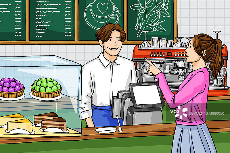咖啡馆柜台上服务员和点餐的女人插画图片素材