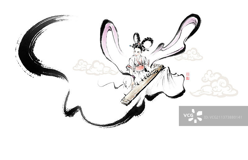 身穿粉色仙女裙演奏传统乐器的女子笔触画图片素材