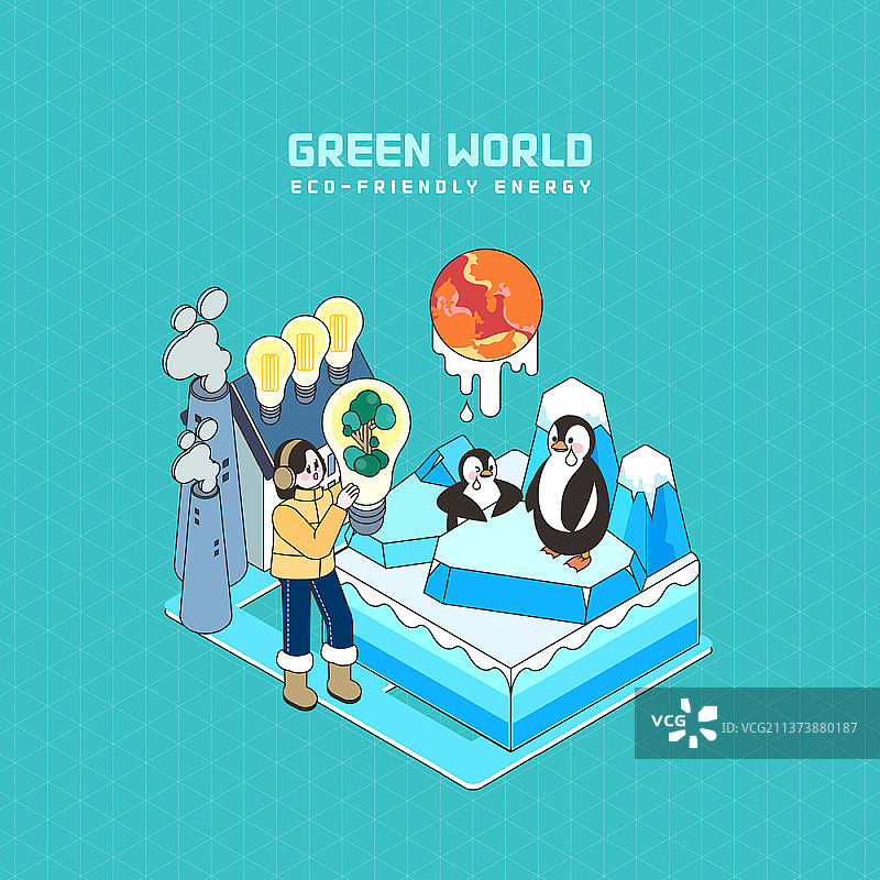 女人在工厂旁拿着灯泡和冰川上的企鹅插画图片素材