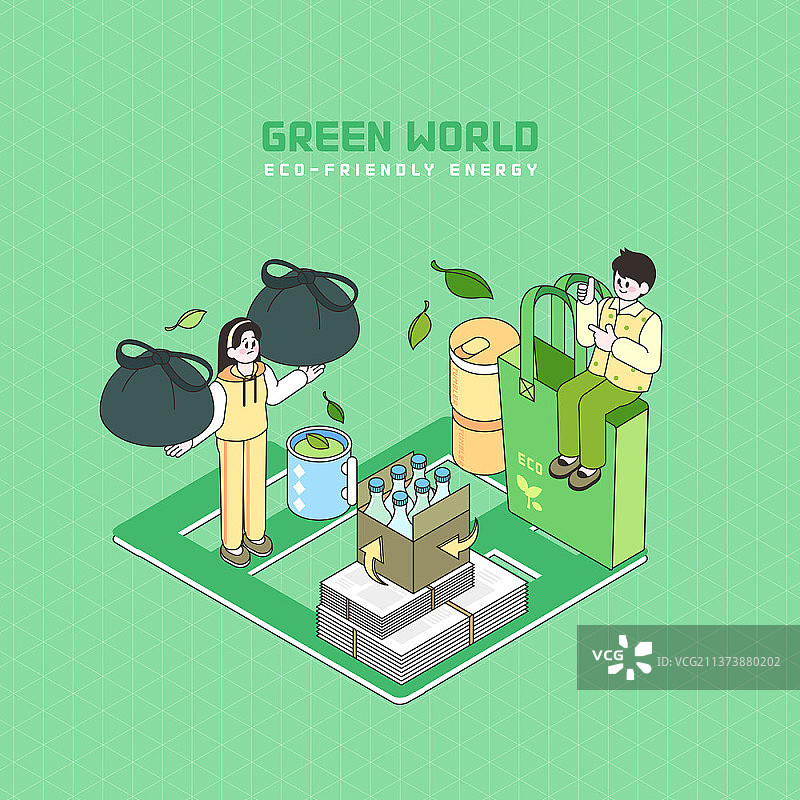 使用可重复利用袋并进行垃圾分类的两人插画图片素材