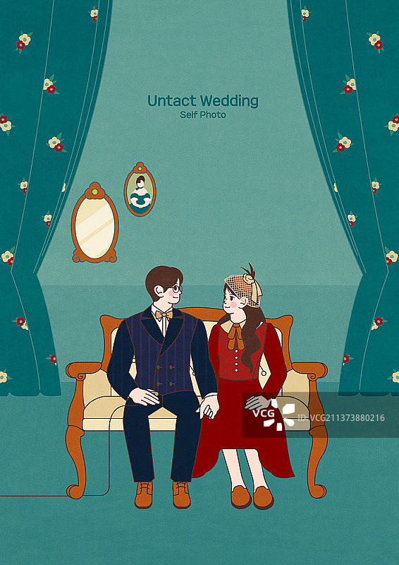 身着传统服饰的情侣在工作室合影结婚照插画图片素材