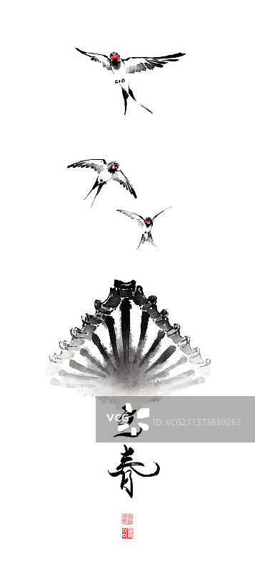 水墨笔触：飞鸟与传统建筑屋顶图片素材