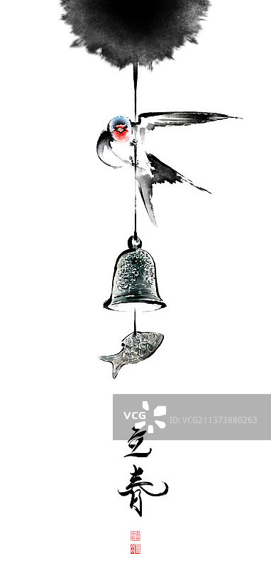 悬挂在屋顶上的钟上的鸟的笔触画图片素材