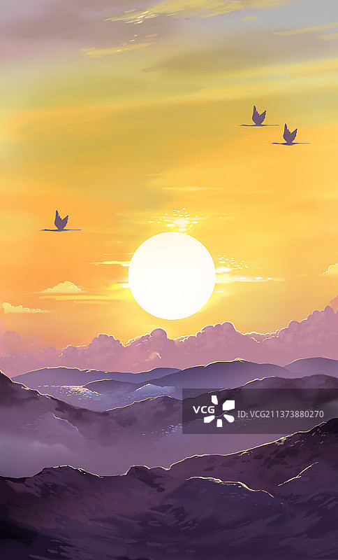 群山日出和云朵旁三只飞鸟的插画图片素材