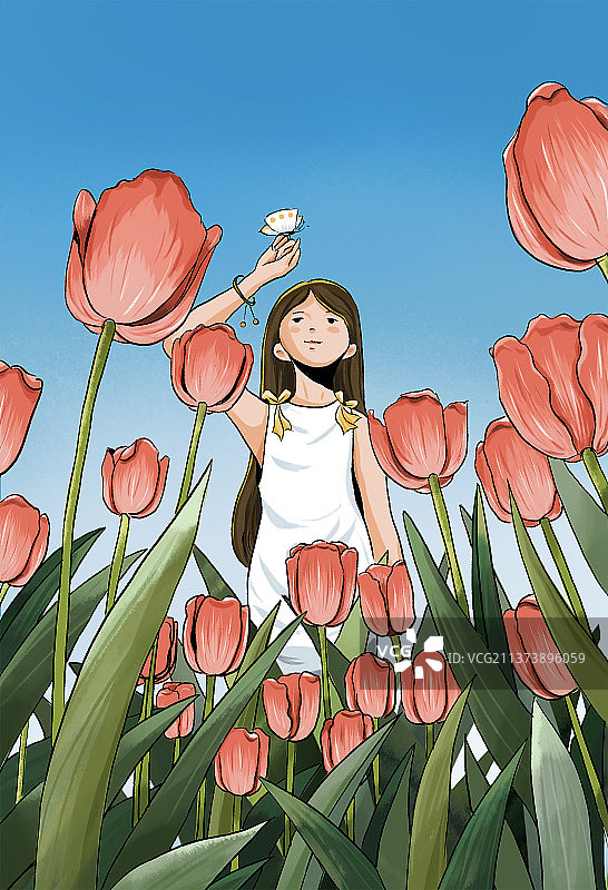 插画春日郁金香少女晴空清新画作图片素材