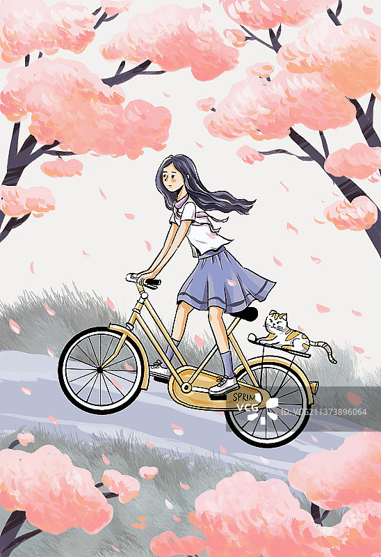 春日樱花下骑自行车穿制服的少女插画艺术图片素材