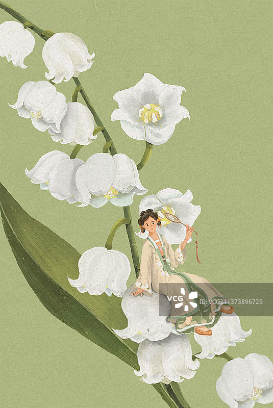 汉服插画明制中国风少女与花卉铃兰图片素材