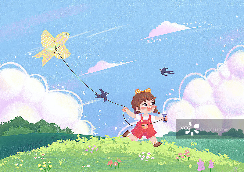 春天放风筝的小女孩图片素材