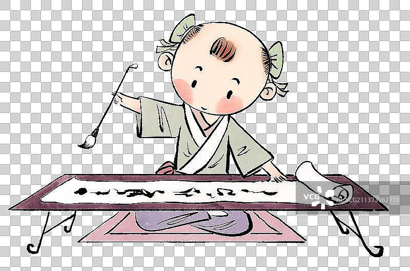 读书写字的古代儿童插画图片素材