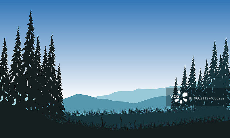 松树剪影山景图片素材