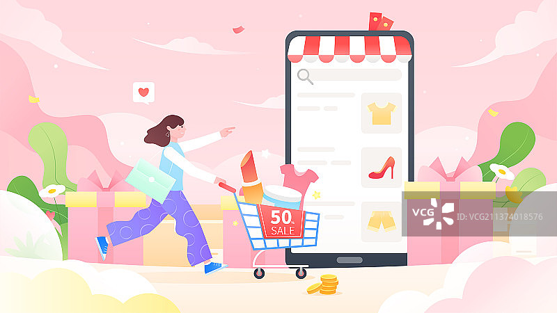 推着购物车奔跑购物的女孩创意插画图片素材