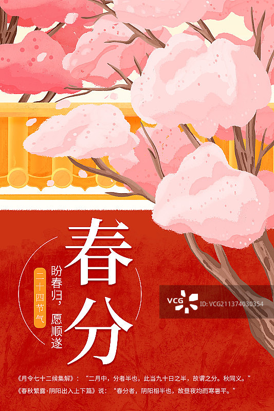 春分节气樱花红墙复古竖版海报图片素材