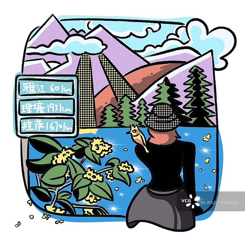 女孩望着山水风景的扁平风插画图片素材