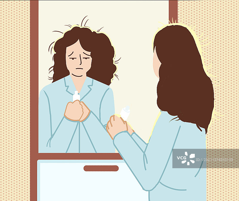 早晨起床慵懒睡眠不足精神不佳女人情绪化不在状态扁平风插画图片素材