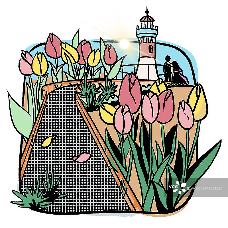 情侣在郁金香花海的风景插画图片素材