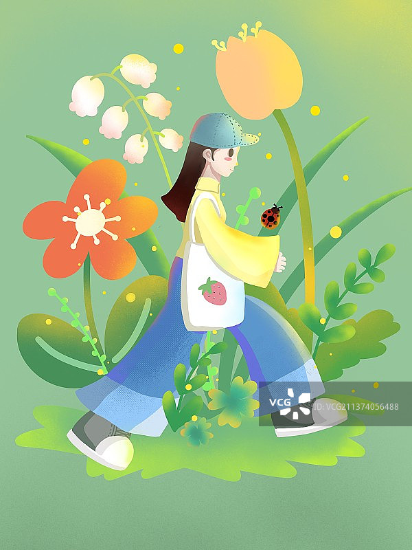 插画走过花丛的女孩图片素材