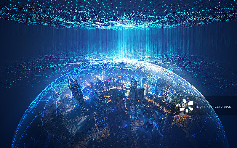 现代城市与大数据云计算，科技城市与全球通讯概念图片素材