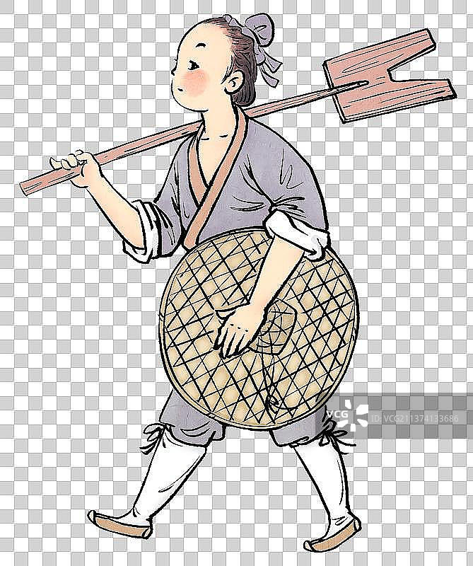 扛着铲子行走的年轻人古代农民图片素材