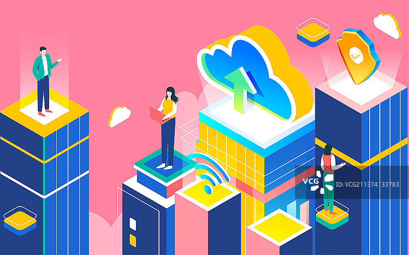 网络云存储数据安全等距插画互联网科技海报图片素材