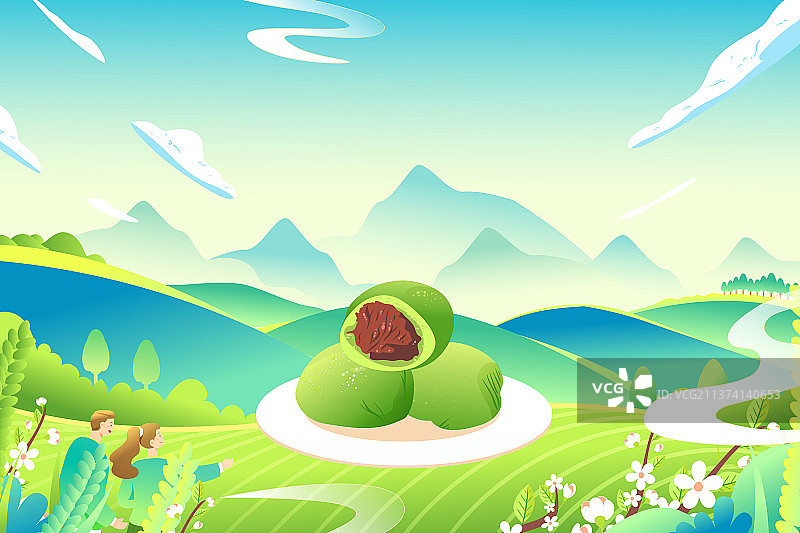卡通夏季夏天清明节花卉谷雨二十四节气青团美食餐饮农耕播种春耕农业生态自然风景渐变中国风国潮矢量插画图片素材