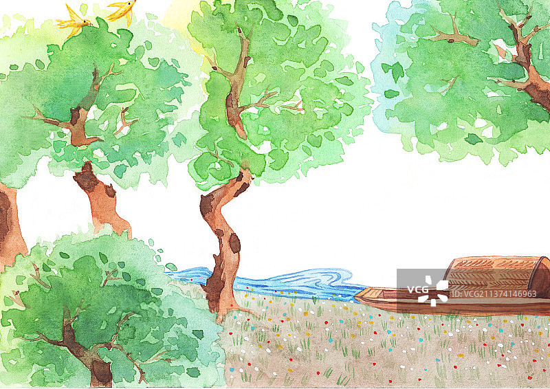 绿荫下的小船图片素材