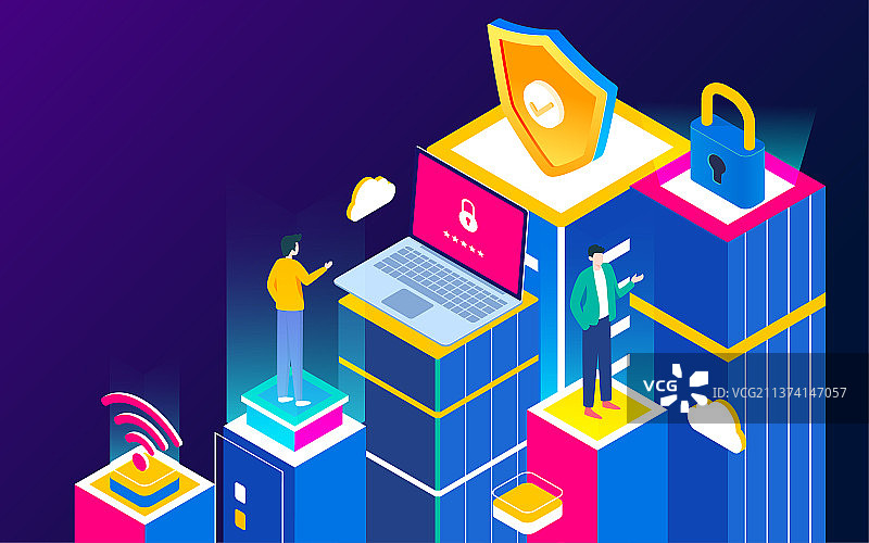 网络云存储数据安全等距插画互联网科技海报图片素材