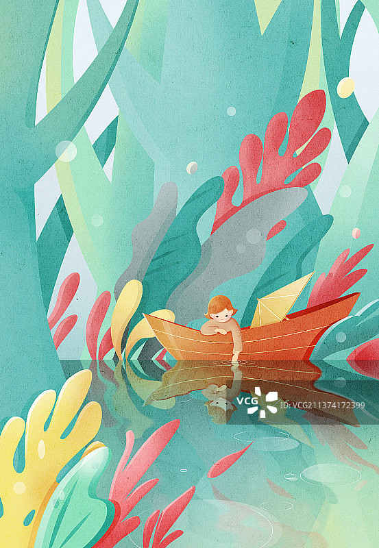 在花丛中划船的女孩插画图片素材