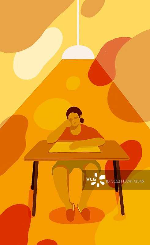 坐在灯下思考的考生插画图片素材