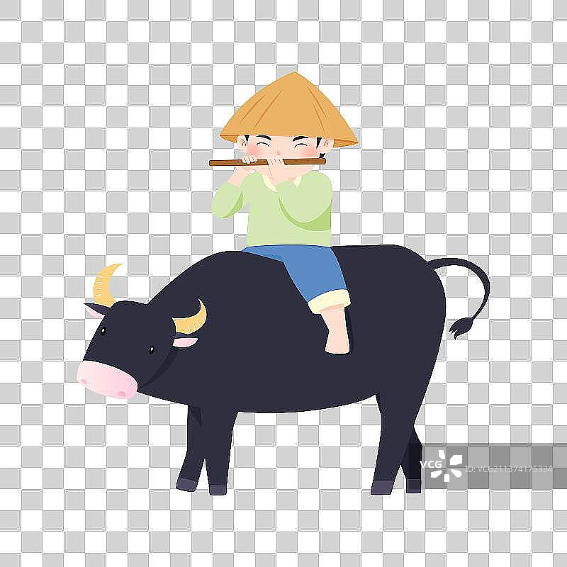 男孩坐在牛上开心的吹笛子矢量人物插画元素图片素材